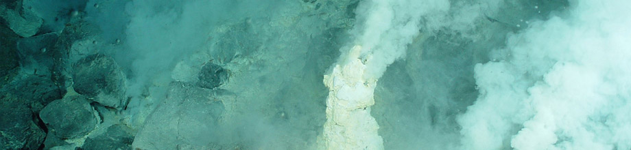 Pacific Ring of Fire Expedition. White chimneys at Champagne vent site, NW Eifuku volcano. The chimneys are ~20 cm (8 in) across and ~50 cm (20 in) high, venting fluids at 103§C (217§F). Notice the bubbles in the upper left side of the image. Mariana Arc region, Western Pacific Ocean. April, 2004.